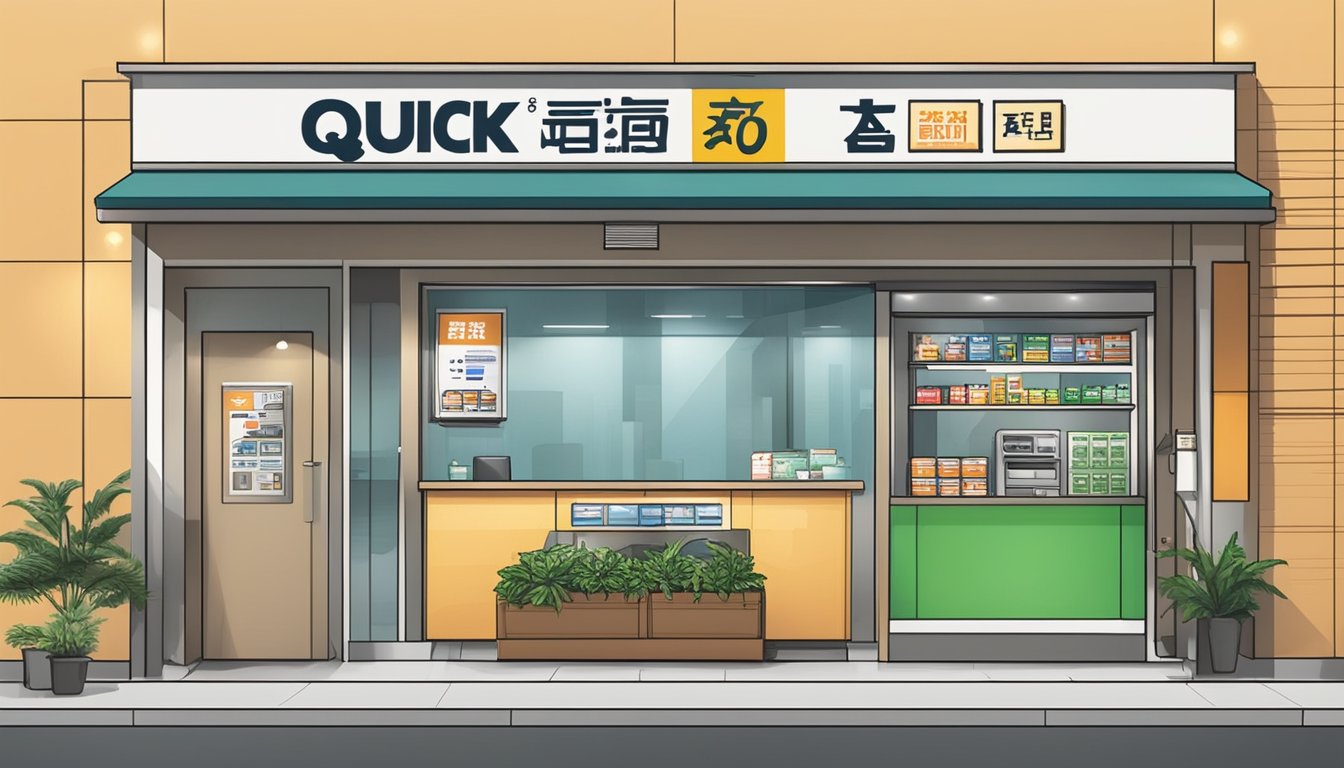 A money lender's sign in Jurong East, Singapore, with the words "quick credit" prominently displayed. The scene conveys accessibility and urgency