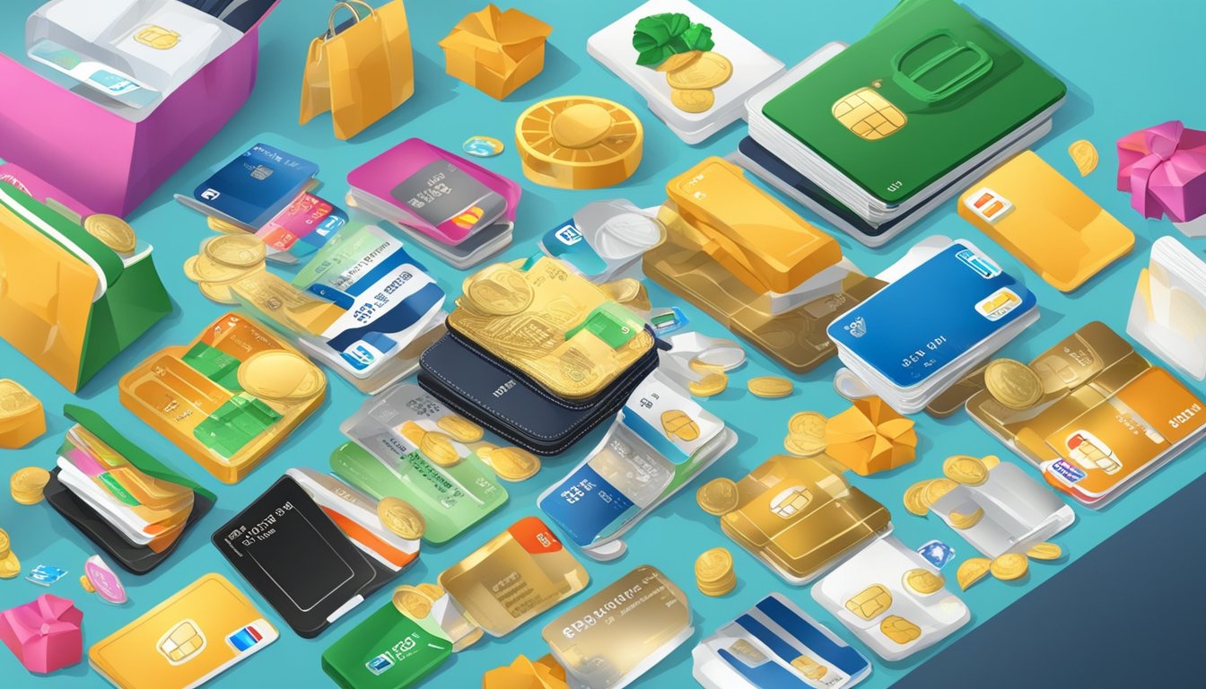 A pile of credit cards with cashback logos, surrounded by various shopping and dining items, symbolizing the benefits of cashback rewards in Singapore