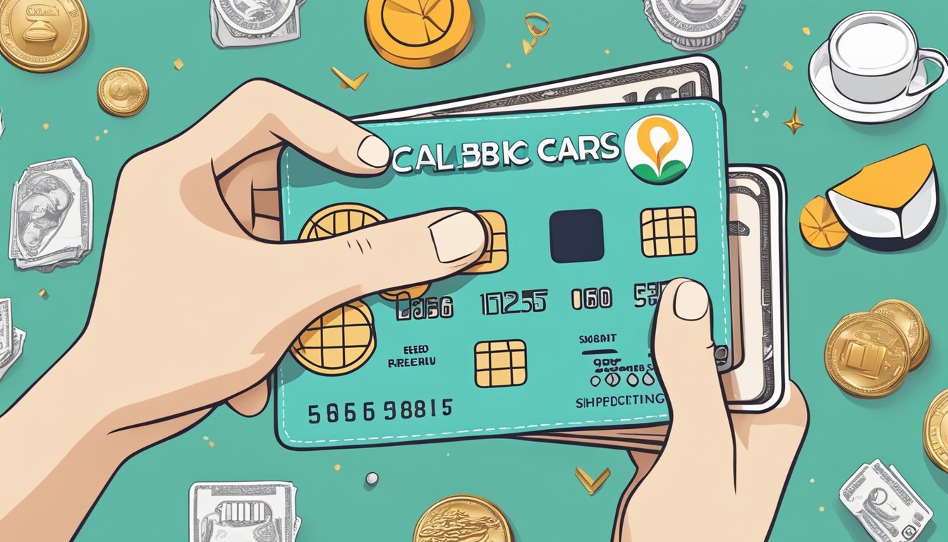 A hand holding a credit card with cashback symbols, surrounded by icons representing various benefits like travel, dining, and shopping