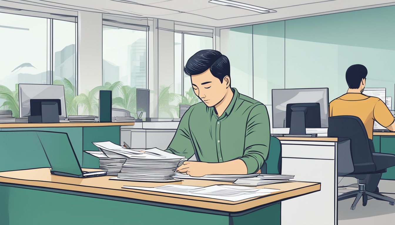 A customer fills out a loan application at a money-lender's office in Jurong East, Singapore. The money-lender reviews the paperwork and processes the quick credit request