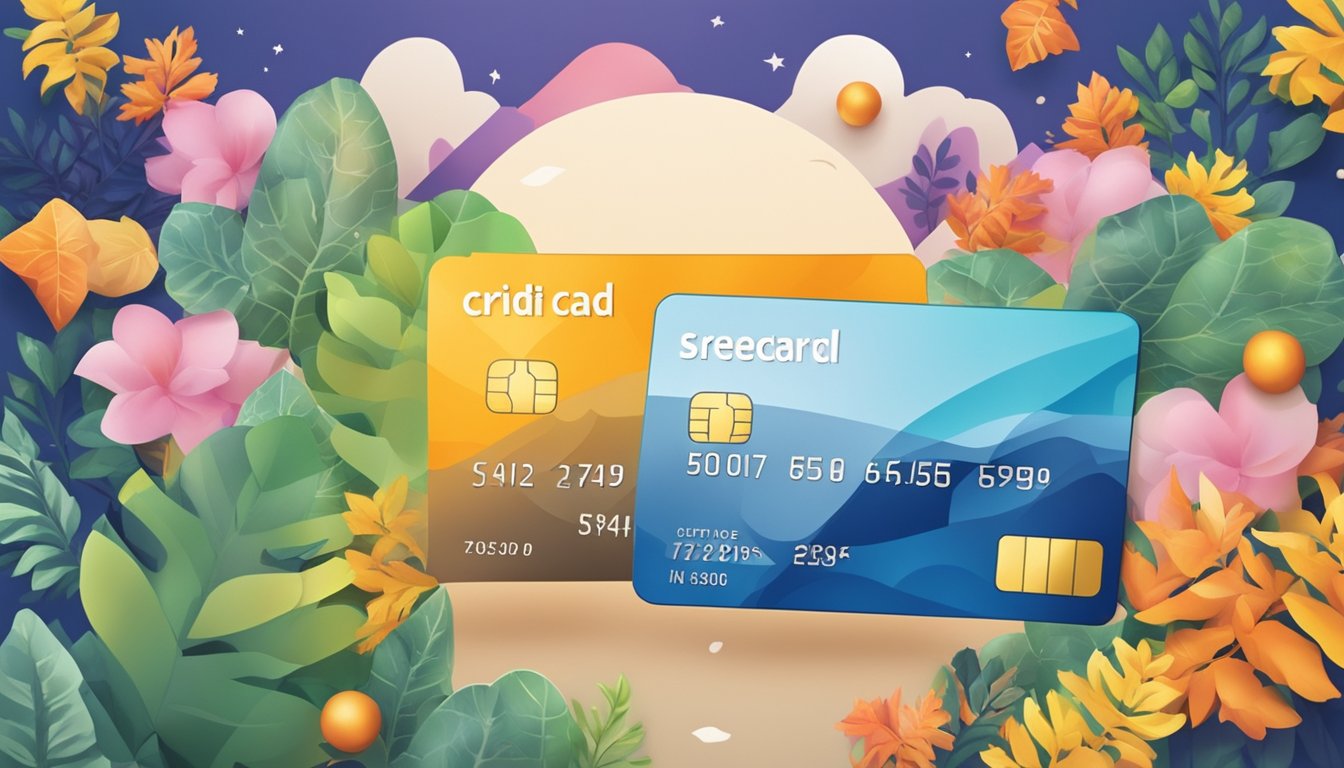 A credit card surrounded by seasonal and special promotion signs in Singapore