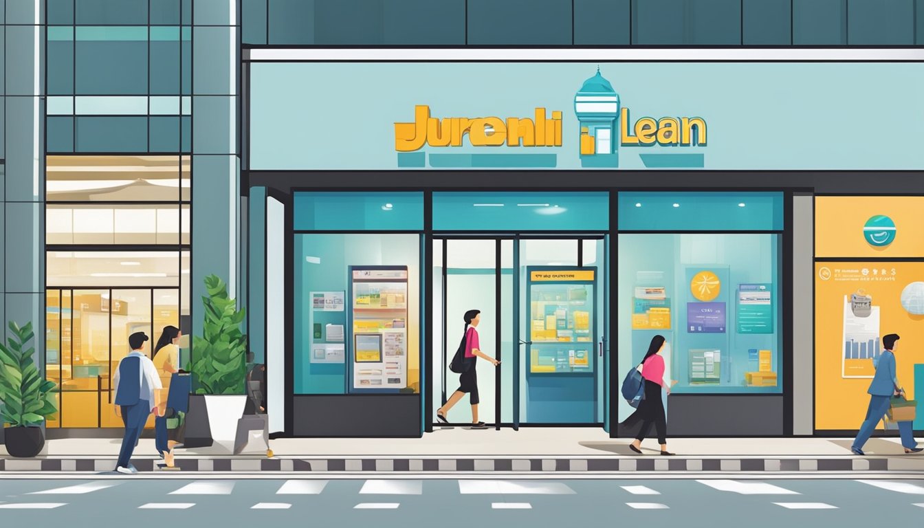 A person walks into Navigating Financial Solutions at Jurong Point in Singapore, seeking a personal loan. The money lender's office is modern and professional, with a welcoming atmosphere