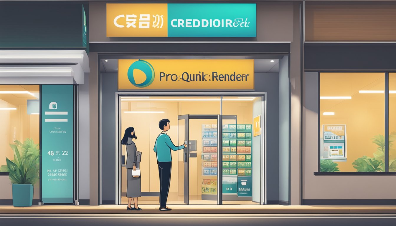 An individual standing in front of a money lender's office in Jurong East, Singapore, with a sign displaying "Quick Credit" prominently