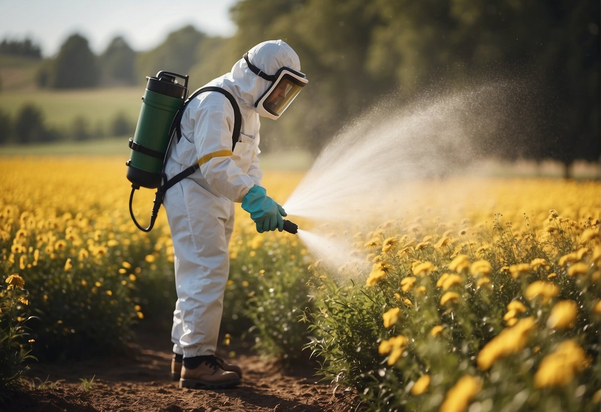 A person spraying Roundup on a sunny day, with the temperature at a moderate level, wearing protective gear