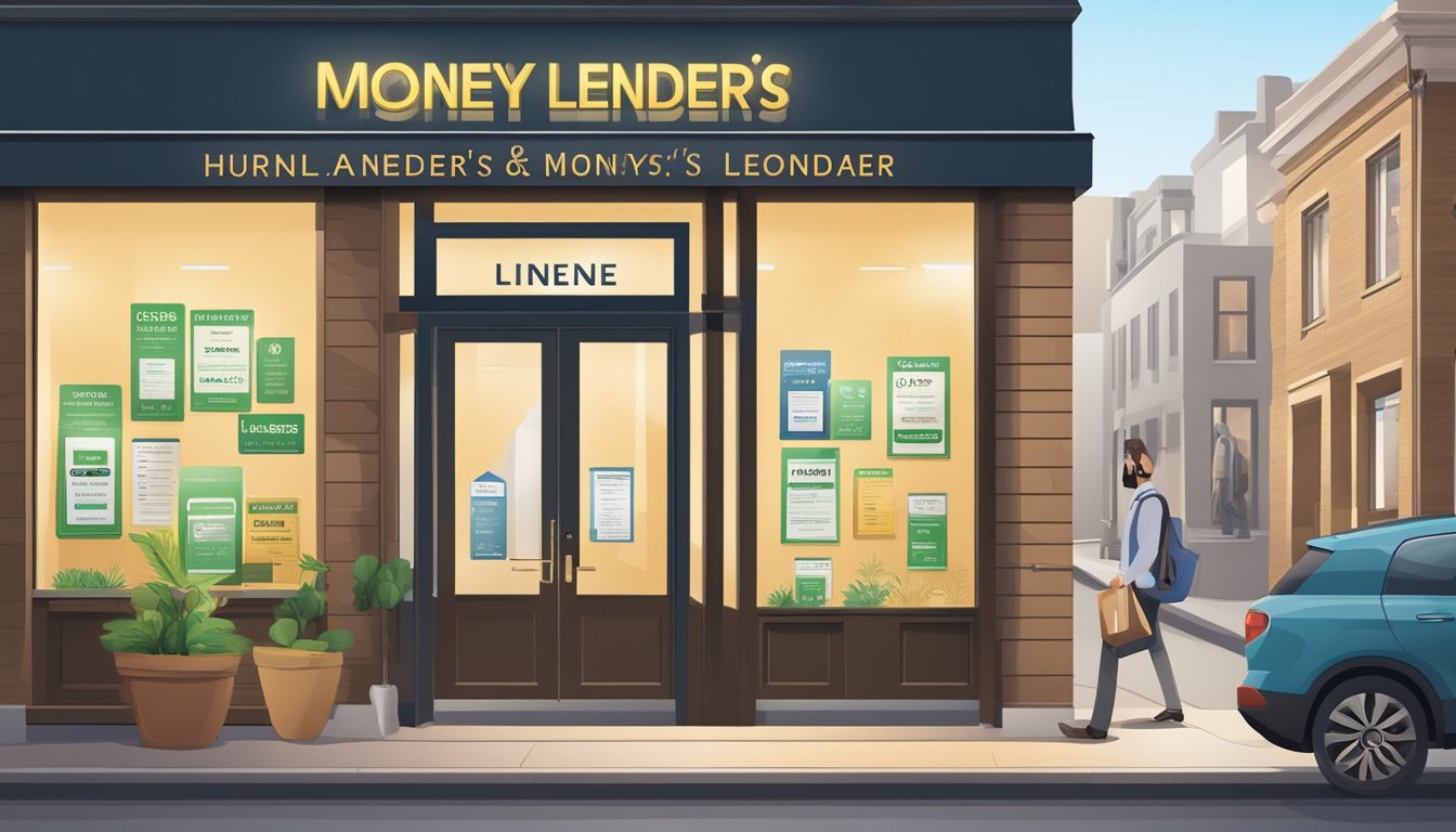 A licensed moneylender's sign displayed prominently outside a storefront, with clear information about license fees and contact details