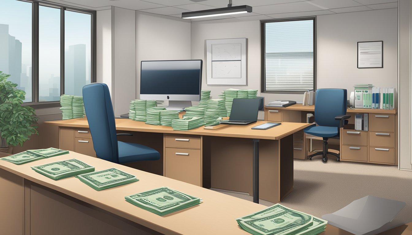 A table with paperwork, a computer, and a sign displaying "Money Lender License Fee" in a clean and professional office setting