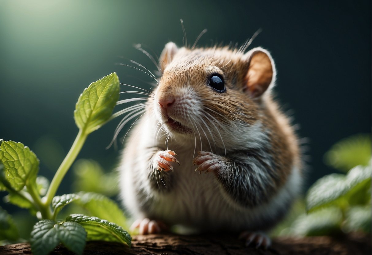 A small, furry creature nibbles on a sprig of mint, its nose twitching with curiosity