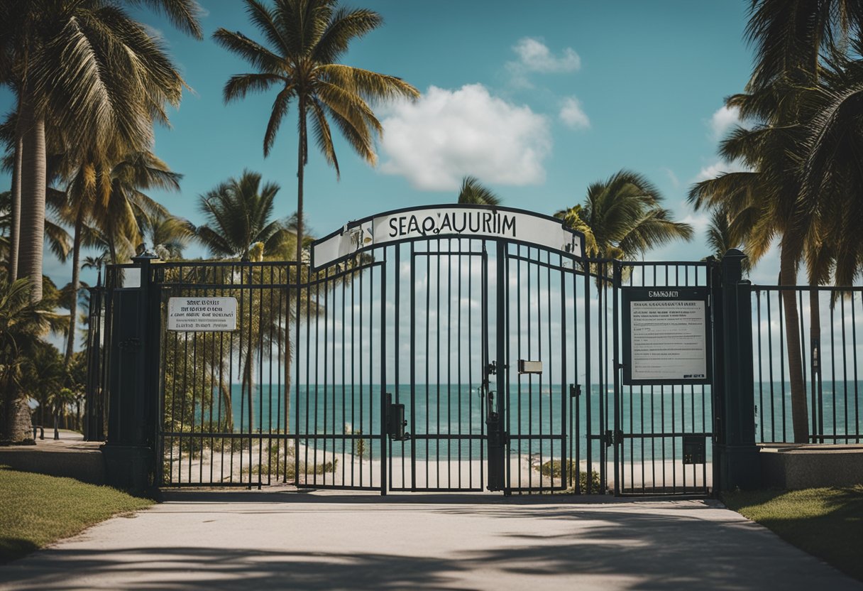 The Miami Seaquarium's gates are locked, with an eviction notice posted on the entrance. The backdrop of the ocean and palm trees adds to the sense of abandonment and uncertainty