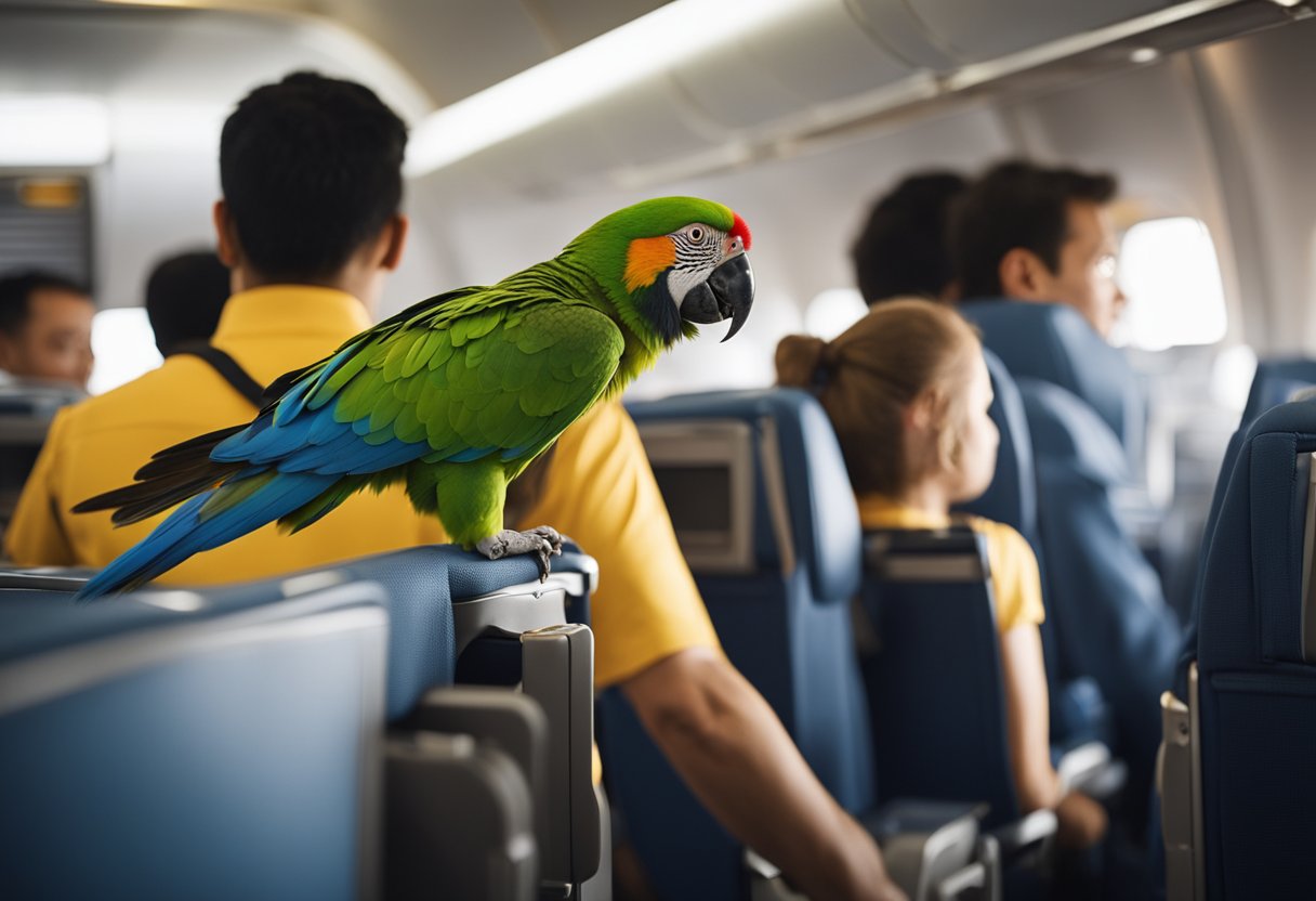 Animals roam freely in airplane cabin: parrot on shoulder, snake in overhead bin, and monkey in the aisle