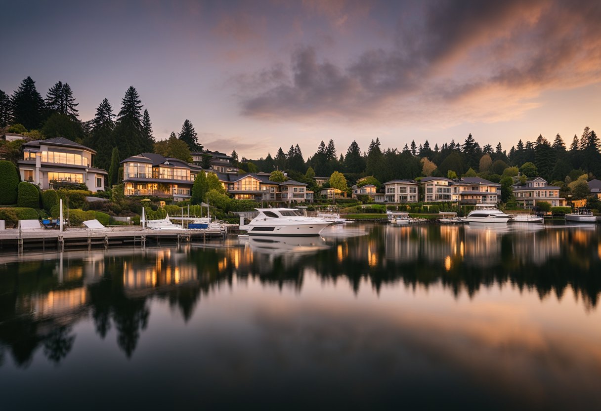 The sun sets over Mercer Island, with modern waterfront homes and lush greenery, reflecting a promising real estate forecast