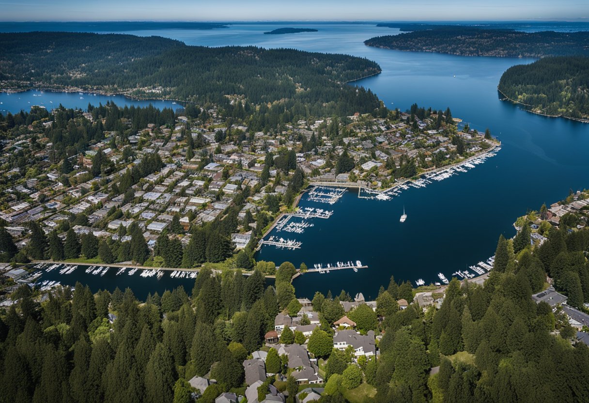 Aerial view of Mercer Island, WA with houses, trees, and waterfront. Real estate data and forecast displayed in the background