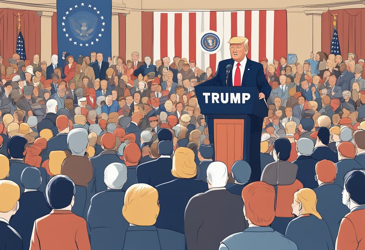 Donald Trump's political career illustrated through a podium with a presidential seal, a campaign banner, and a crowd of supporters