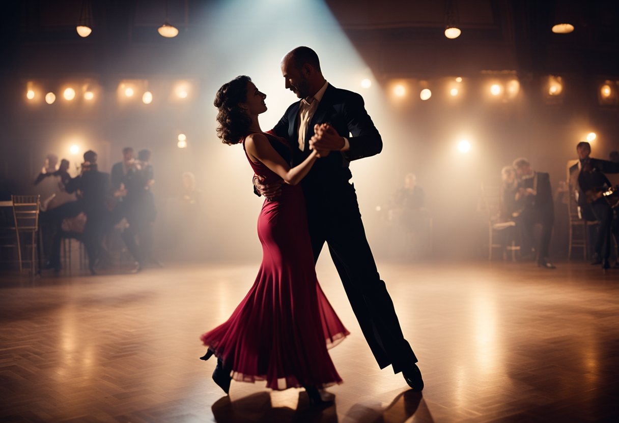 A vibrant tango milonga with swirling dancers, moody lighting, and passionate music by Astor Piazzolla