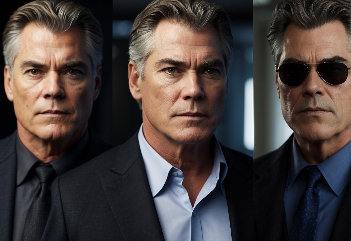 Ray Liotta in a variety of roles, wearing eye makeup for different characters. AI image