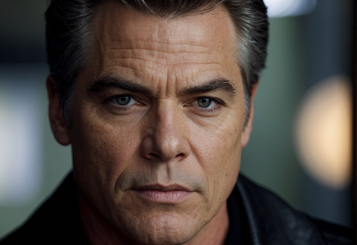 Ray Liotta's eye makeup is visible, enhancing his rugged look. A mirror reflects his off-screen endeavors