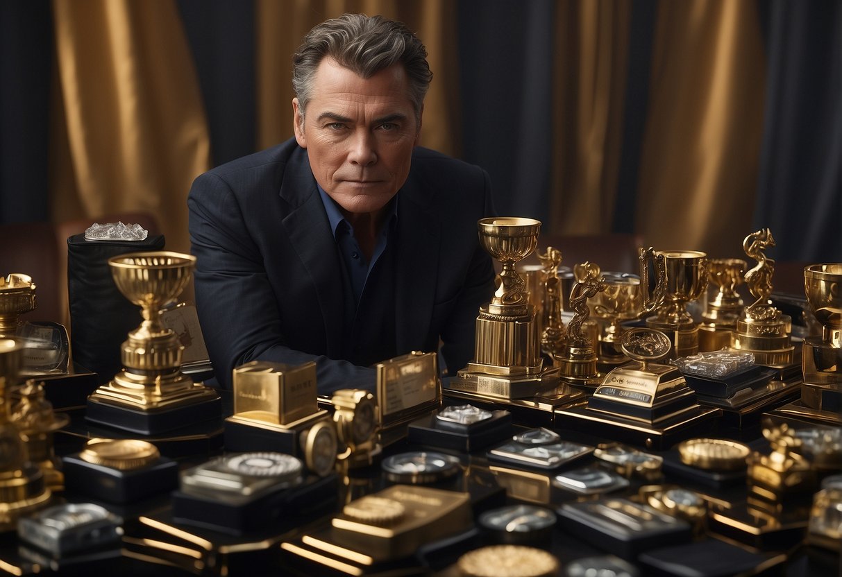 Ray Liotta proudly displays his numerous awards and recognitions, wearing eye makeup for a dramatic effect. AI image