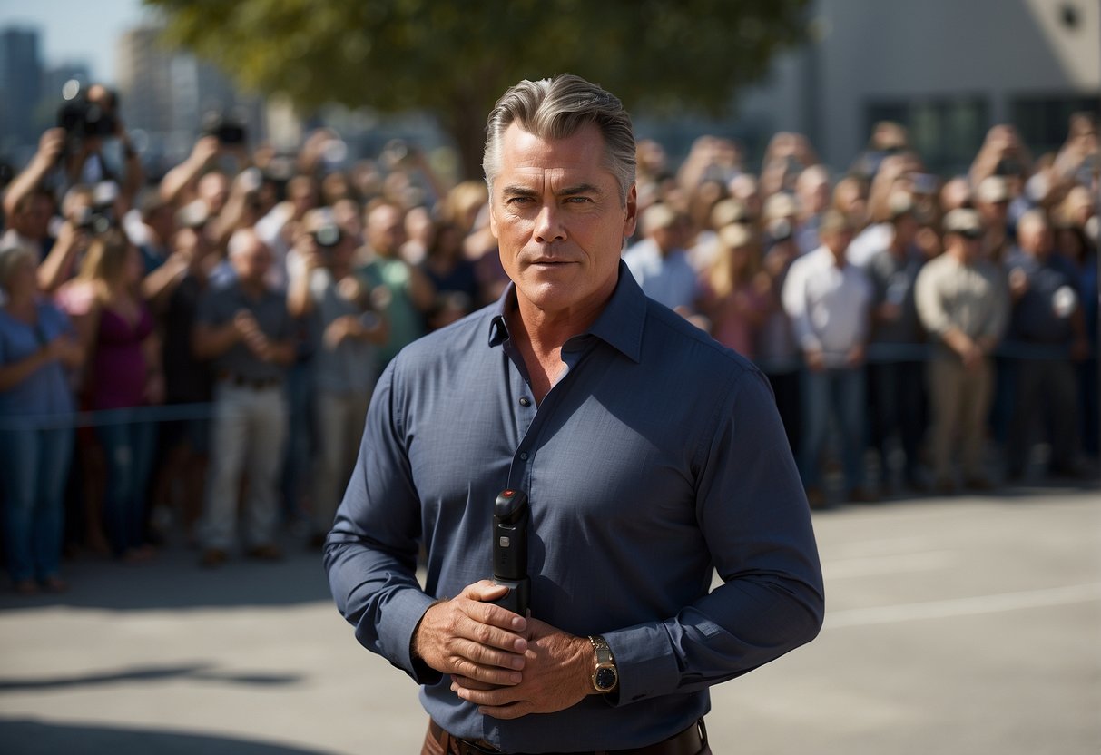 Ray Liotta stands confidently in front of a crowd, surrounded by flashing cameras and eager reporters. The words "Public and Media Relations" are prominently displayed behind him. AI image