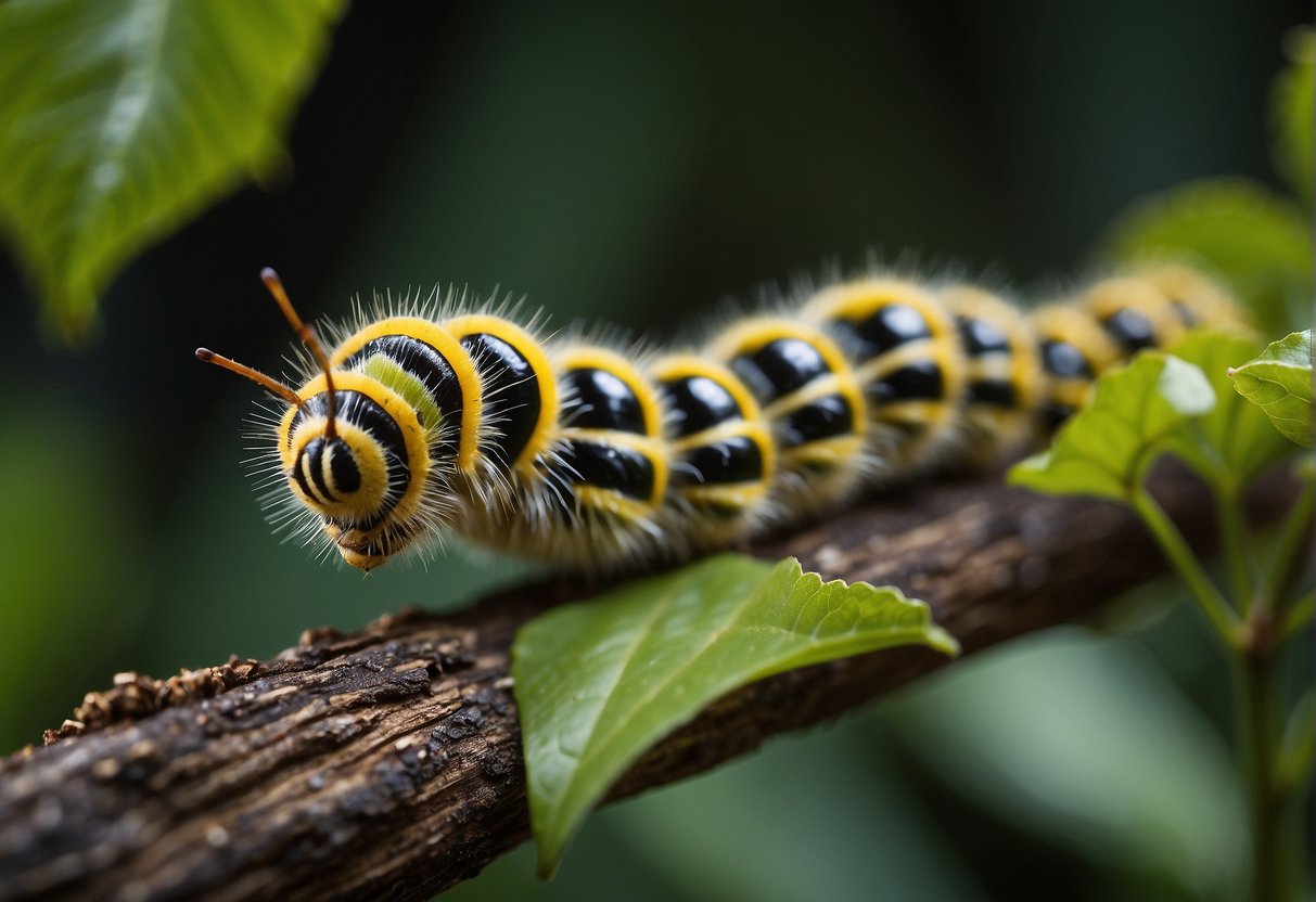 A caterpillar munches on tree leaves, leaving behind chewed edges and holes