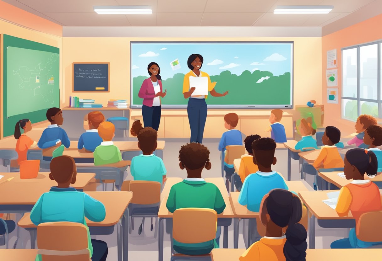 A classroom scene with anti-bullying posters, diverse students interacting positively, and a teacher leading a discussion on bullying prevention