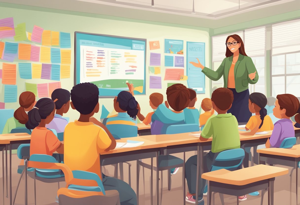 A classroom with colorful posters on bullying prevention, a teacher at the front, and engaged students discussing the National Day of Bullying Prevention