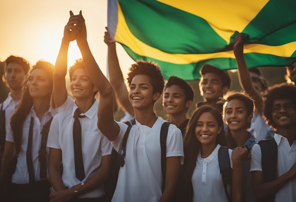 A Brazilian flag waving in the wind, with a group of students standing in front, reciting the national anthem. The sun is setting in the background, casting a warm glow over the scene