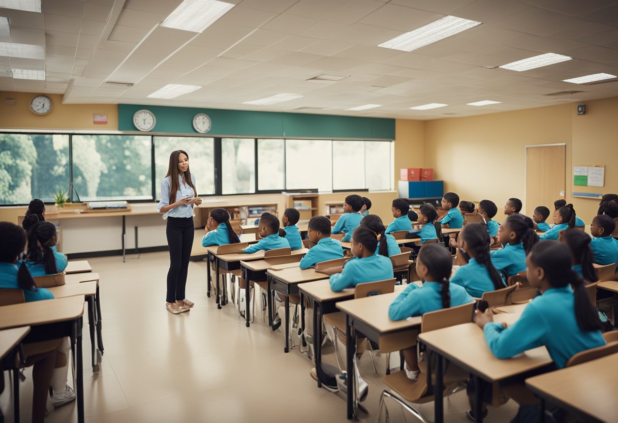 The scene depicts a classroom with students learning about the importance and significance of the national anthem. The teacher is leading a discussion, while the students are engaged and participating actively