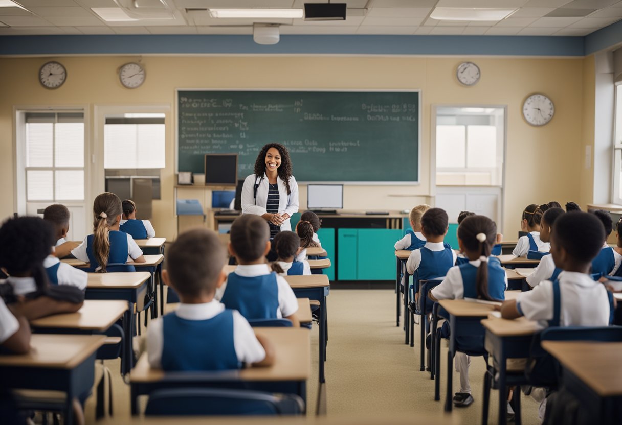 A classroom with students learning about the national anthem, with a teacher leading the lesson and visual aids displaying the lyrics and music