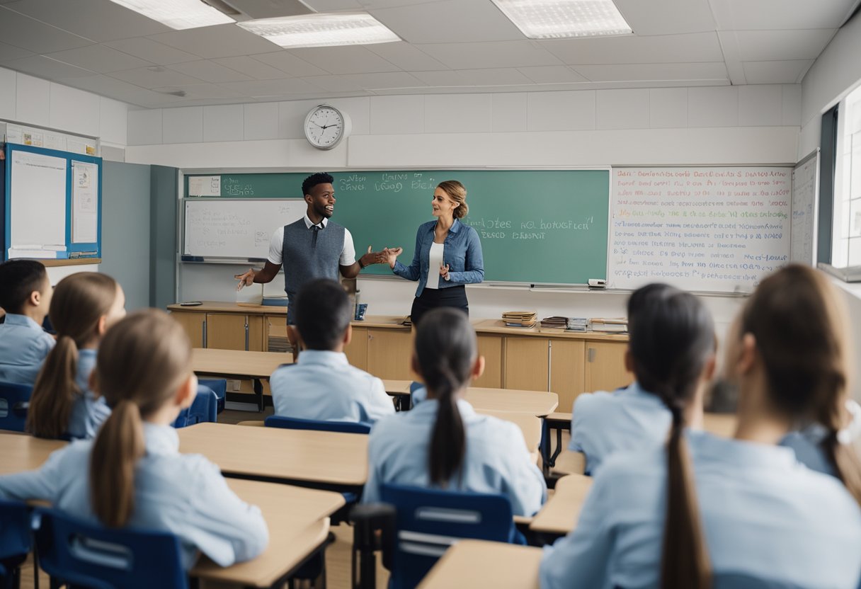 A classroom with a whiteboard displaying the lyrics of the national anthem. A teacher stands at the front, explaining the meaning of the words to a group of attentive students