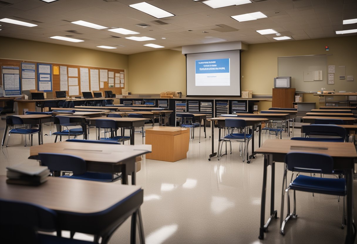 The scene shows a classroom with textbooks open to "Legislation and Standards on the National Anthem" and "10 Lesson Plans for National Anthem Day."