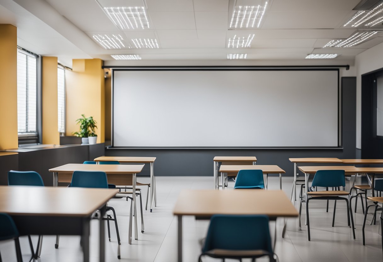 A classroom with a whiteboard displaying "Frequently Asked Questions 10 Planos de Aula dia do Hino Nacional" and students' desks arranged neatly