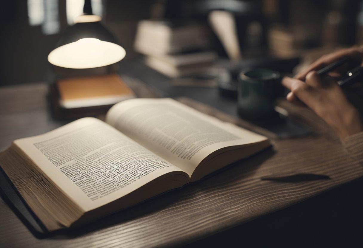 A book with raised dots sits on a table, surrounded by a slate and stylus. A person reads using their fingertips