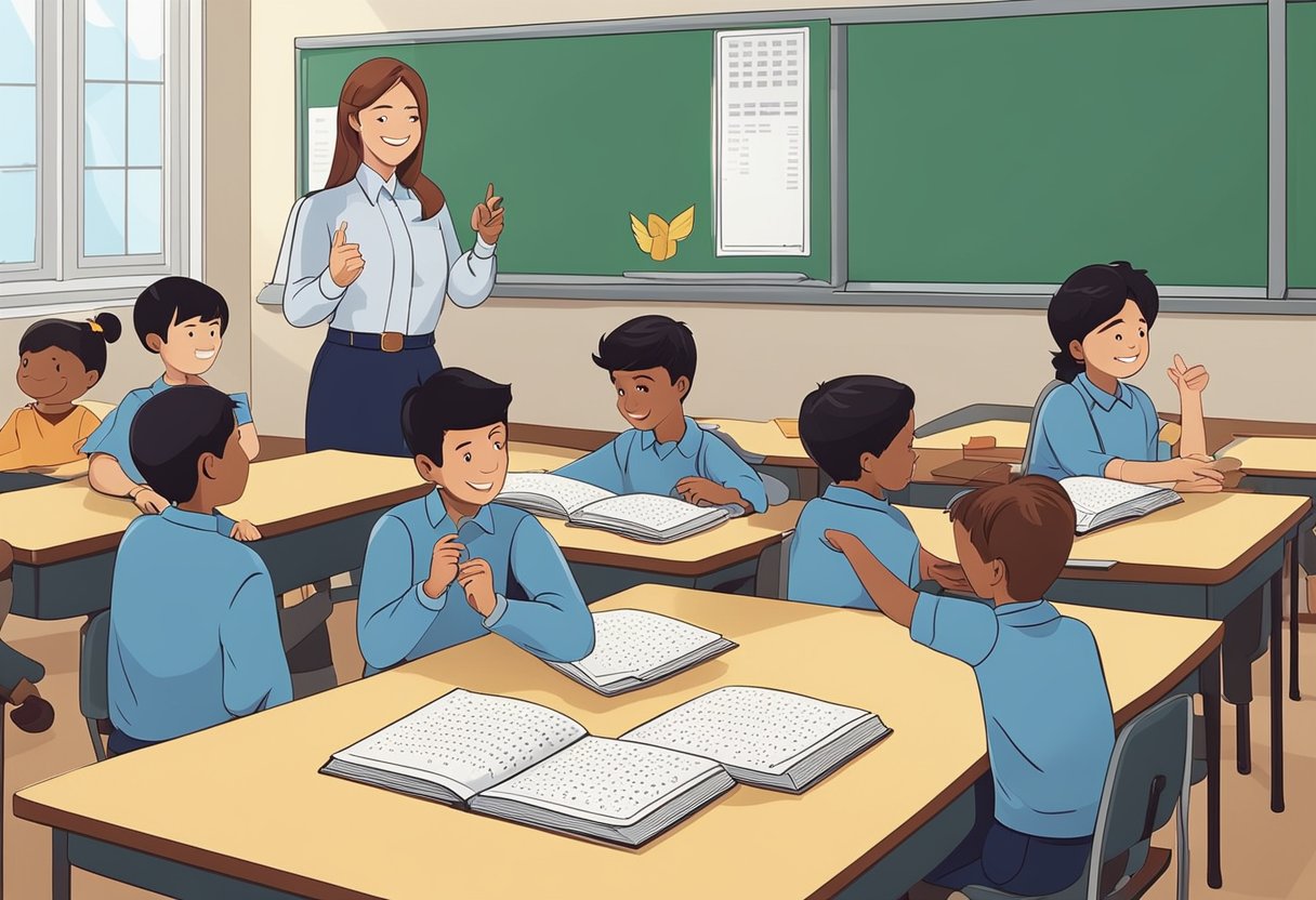 A classroom with braille books, a teacher explaining braille, students reading with their fingers, and a poster celebrating Braille Day