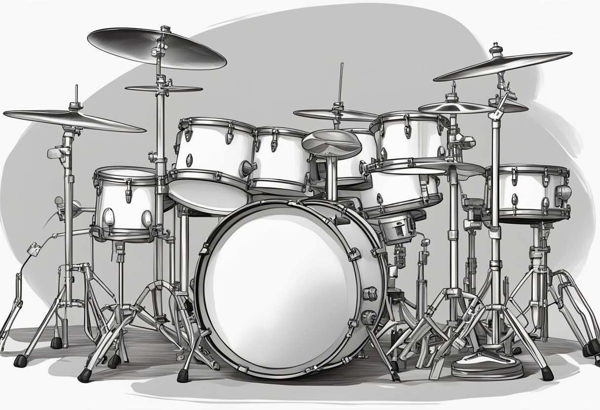 Differentiated percussion instruments and accessories arranged on a drum set, ready to be played