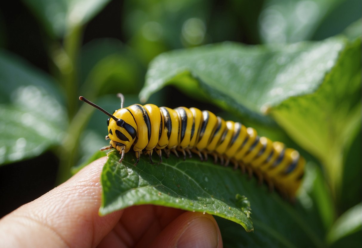 A caterpillar munches on pepper plant leaves