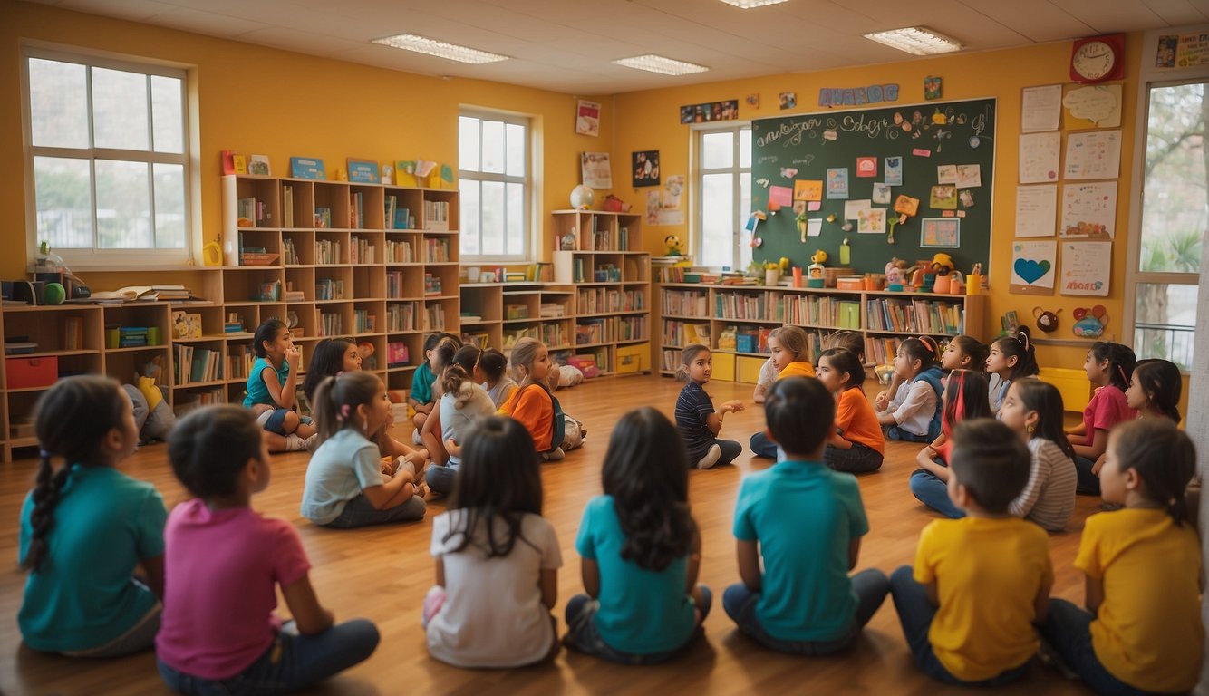 A colorful classroom with a cozy reading corner, filled with young students engaged in activities related to the book "Um Amor de Confusão"