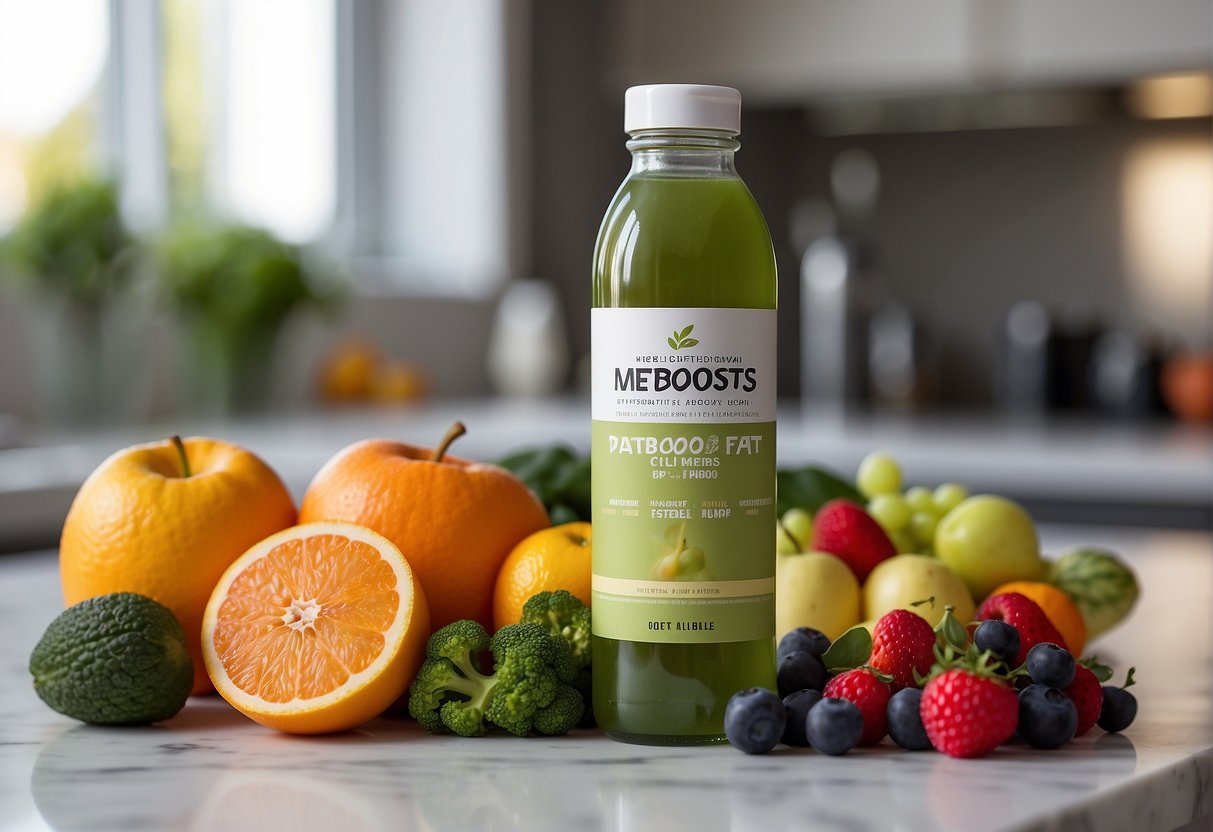 A bottle of MetaBoost fat flush sits on a clean, white countertop surrounded by fresh fruits and vegetables. The label is bright and eye-catching, with images of healthy, active individuals