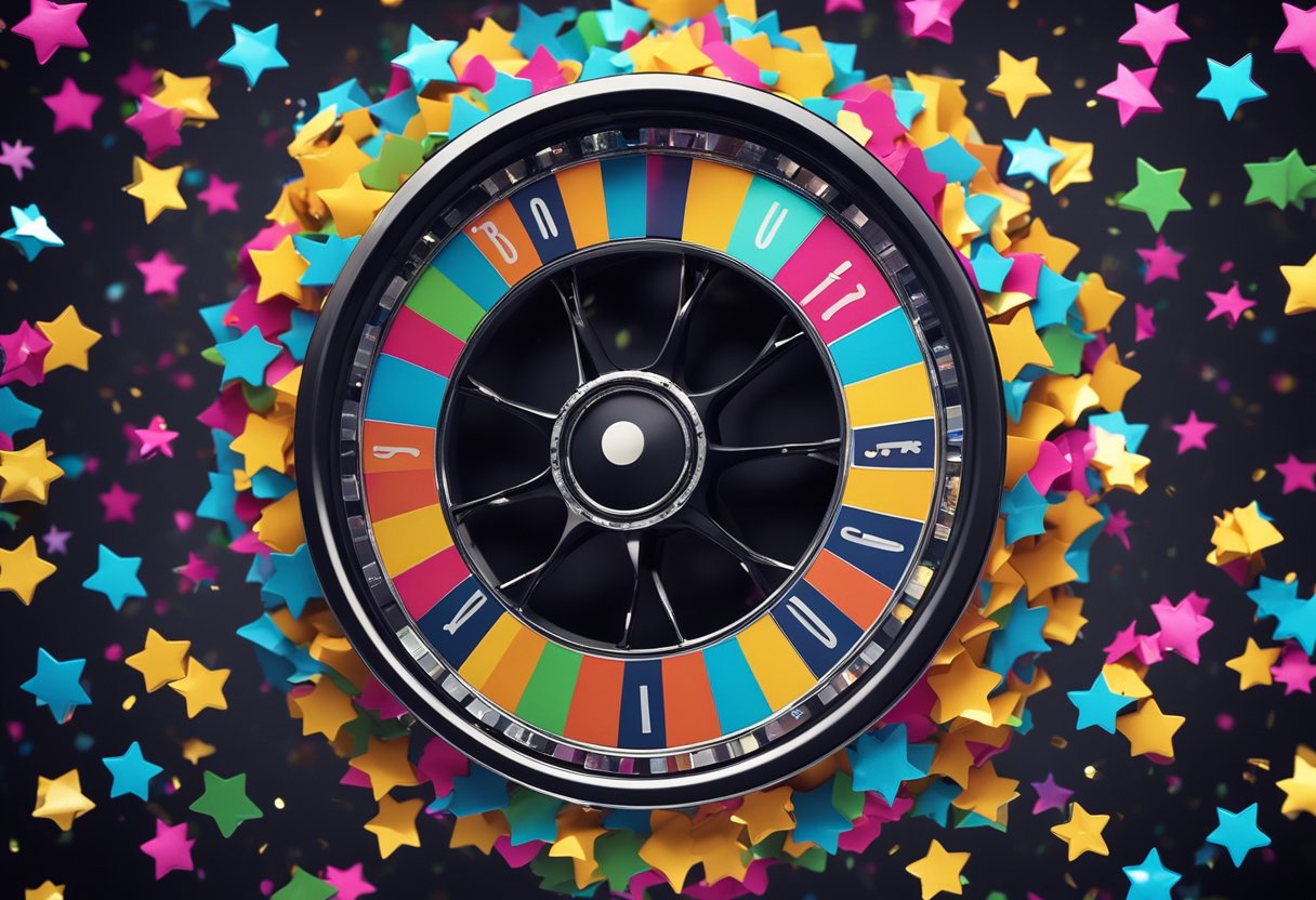 A colorful wheel spins on a vibrant background, surrounded by sparkling stars and confetti. The words "Bonus Sans Wager" are displayed prominently in bold, eye-catching letters