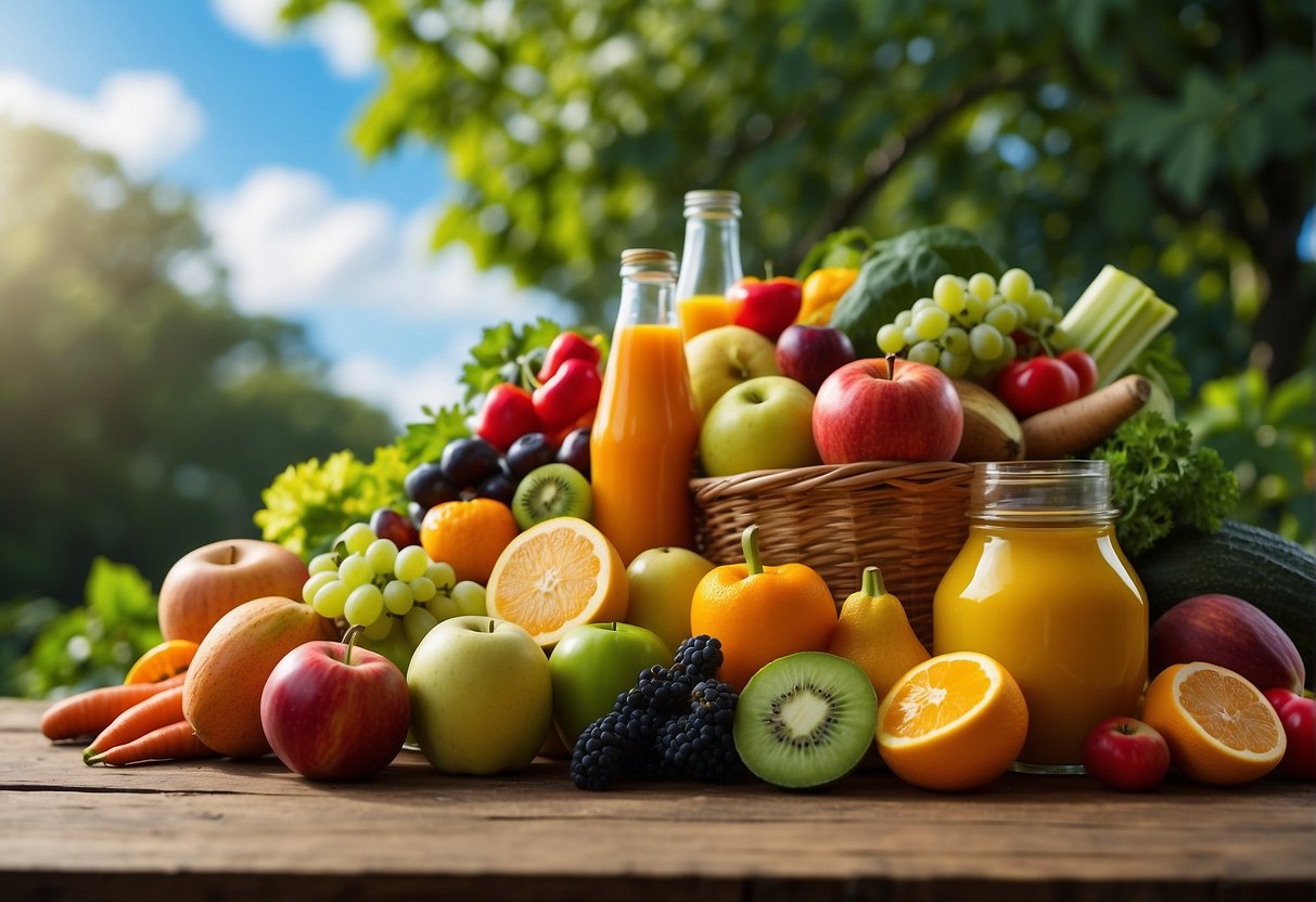 A colorful array of fresh fruits and vegetables arranged around a bottle of Metaboost Fat Flush, with a vibrant backdrop of a clear blue sky and lush greenery