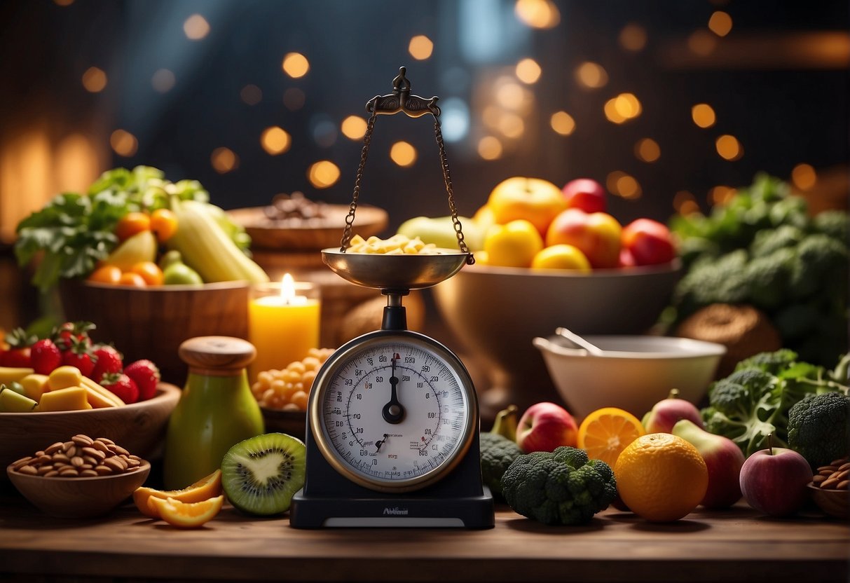 A glowing, balanced scale surrounded by vibrant, energy-boosting foods and a burst of light symbolizing a metabolism boost