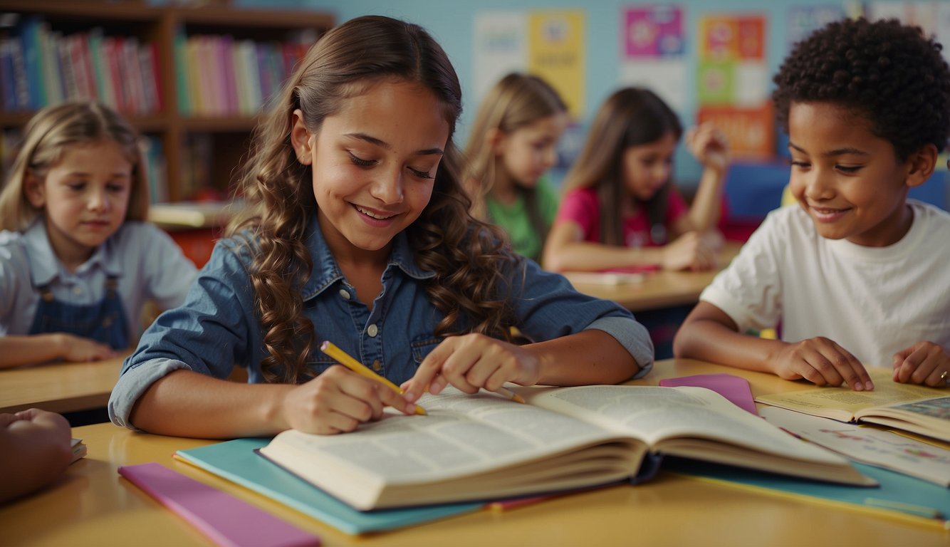 A colorful classroom with young students engaged in activities, surrounded by books and educational materials. A teacher prepares a lesson plan for "Um Amor de Confusão" book