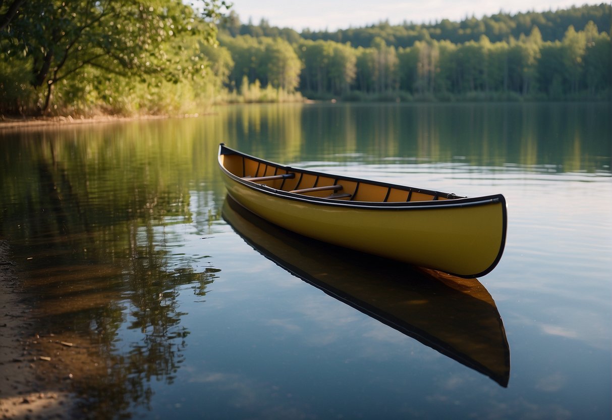 A Kevlar canoe rests on a tranquil lake shore, surrounded by lush greenery and the reflection of the clear blue sky on the water