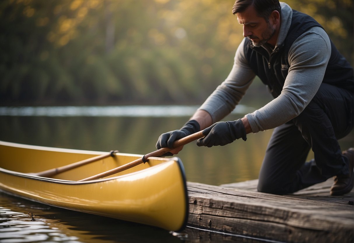 A Kevlar canoe being gently placed onto a soft surface, with a person using a gentle touch to clean and inspect it for any signs of wear and tear