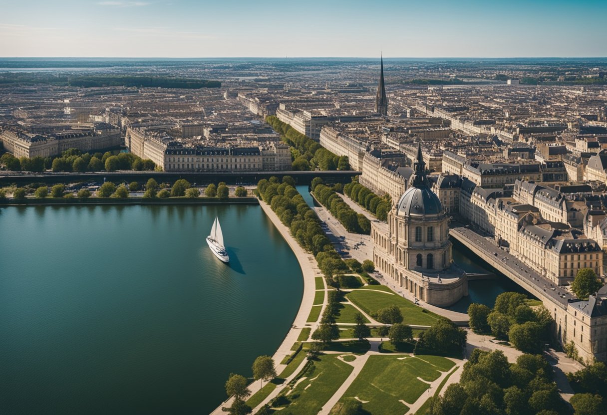A sunny day in Bordeaux, March 2024. A modern cityscape with iconic landmarks, surrounded by lush greenery and the Garonne River