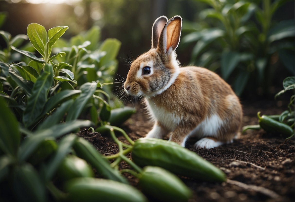 A hungry rabbit nibbles on jalapeno plants