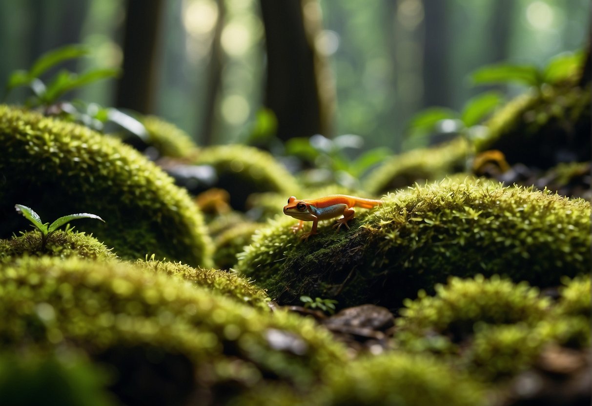 A vibrant rainforest floor with a small creature munching on lush green moss. Sunlight filters through the dense canopy, casting dappled shadows on the scene
