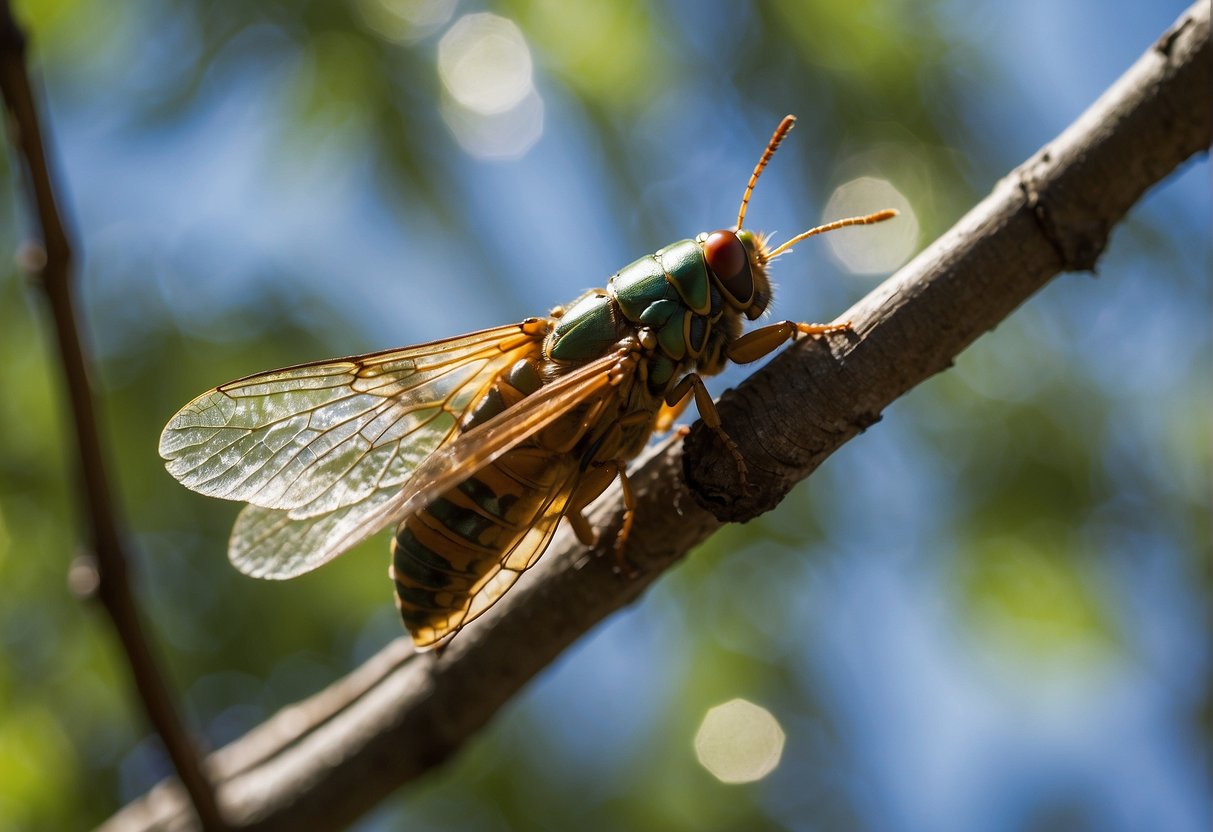A cicada lands on a tree branch, its iridescent wings shimmering in the sunlight. The insect's legs grip the bark as it emits its loud, buzzing call