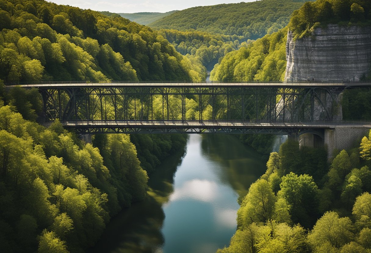 Rolling hills meet a winding river, framed by towering bluffs and lush forests. A historic bridge spans the water, leading to a charming town nestled among the natural wonders of Missouri