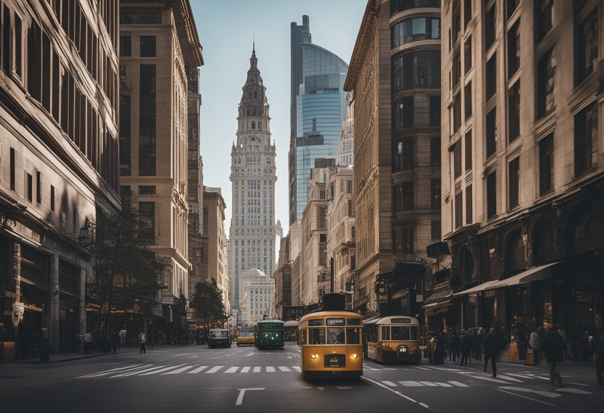 Busy city streets lined with historic buildings, modern skyscrapers, and bustling shops. A mix of old and new architecture creates a dynamic urban landscape