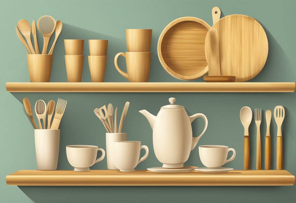 A table with bamboo plates, cups, and utensils. A bamboo cutting board with bamboo kitchen tools. Bamboo toothbrushes and combs on a bamboo shelf