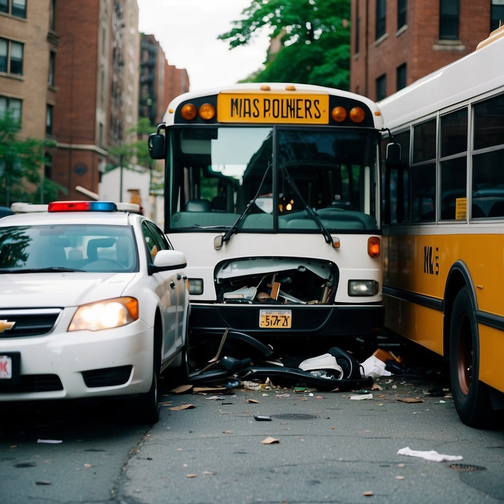 A bus accident scene in Yonkers NY with damaged vehicles and emergency responders